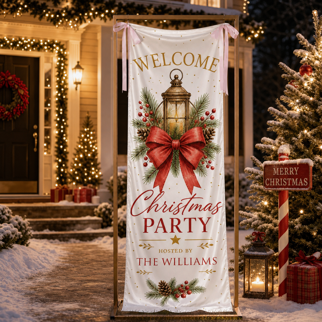 Vintage Christmas Lantern Fabric Welcome Banner, Personalized Family Name Christmas Party Entrance Hanging Sign with Ribbon Ties, Red Bow Pinecone Holiday Party Decor