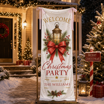 Vintage Christmas Lantern Fabric Welcome Banner, Personalized Family Name Christmas Party Entrance Hanging Sign with Ribbon Ties, Red Bow Pinecone Holiday Party Decor