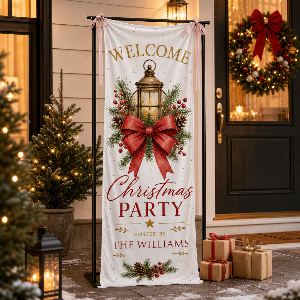 Vintage Christmas Lantern Fabric Welcome Banner, Personalized Family Name Christmas Party Entrance Hanging Sign with Ribbon Ties, Red Bow Pinecone Holiday Party Decor