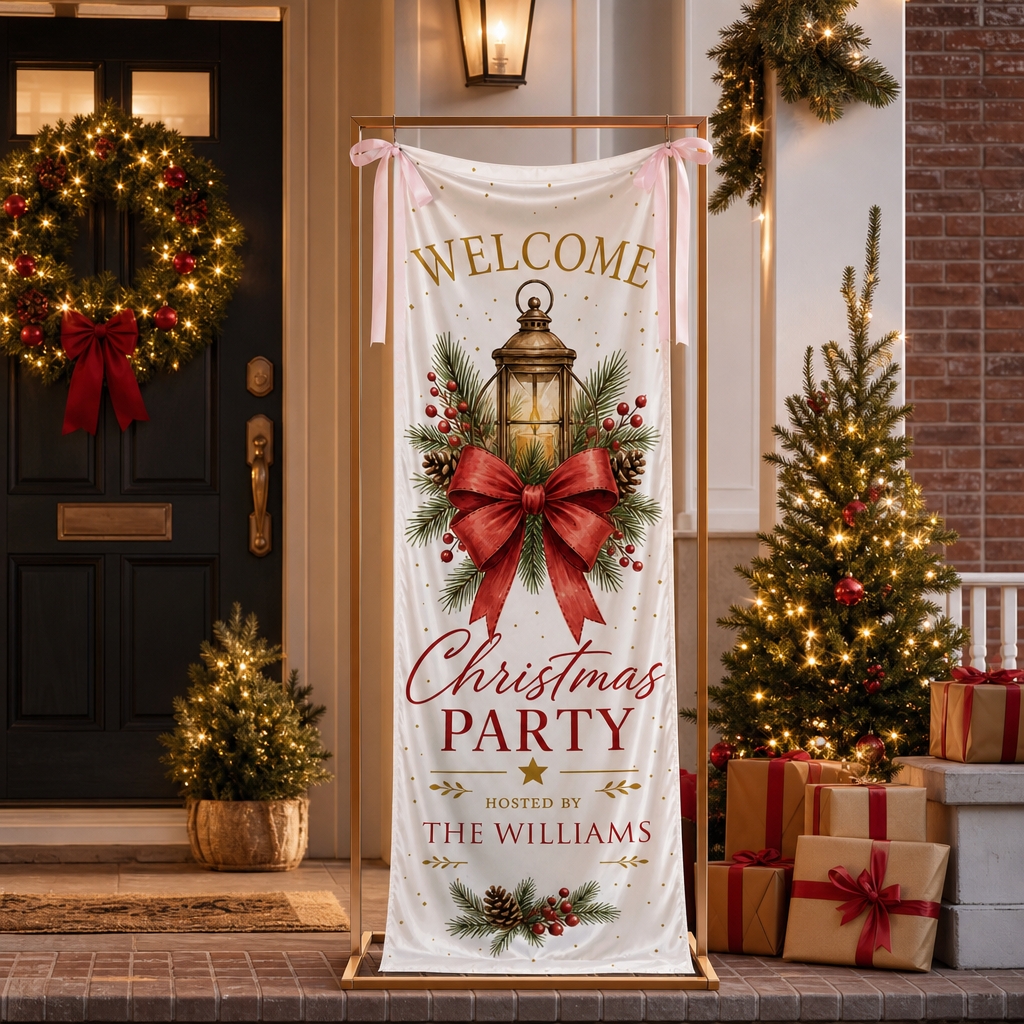 Vintage Christmas Lantern Fabric Welcome Banner, Personalized Family Name Christmas Party Entrance Hanging Sign with Ribbon Ties, Red Bow Pinecone Holiday Party Decor