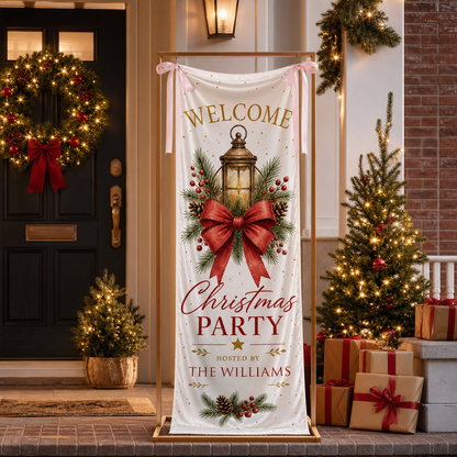 Vintage Christmas Lantern Fabric Welcome Banner, Personalized Family Name Christmas Party Entrance Hanging Sign with Ribbon Ties, Red Bow Pinecone Holiday Party Decor