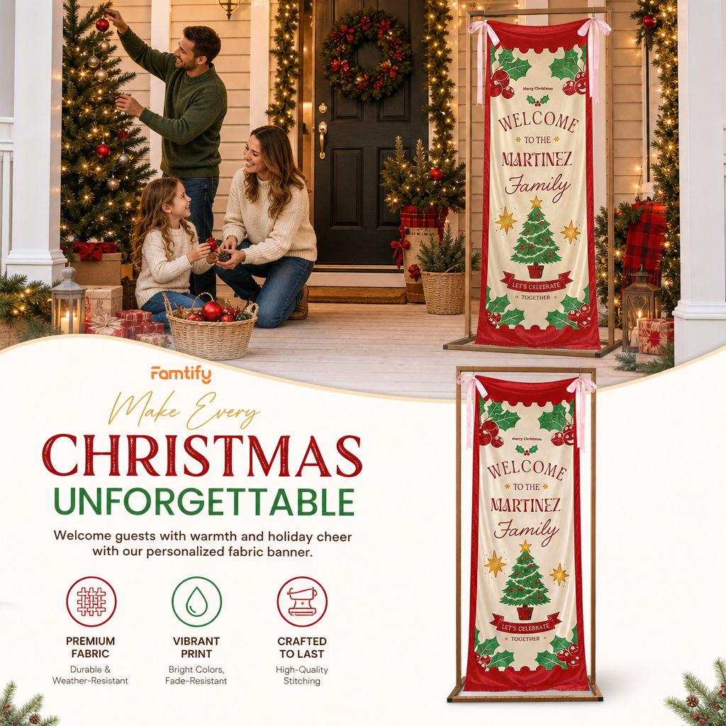 Classic Red Christmas Tree Family Fabric Welcome Banner, Personalized Family Name Entrance Hanging Sign with Ribbon Ties, Traditional Xmas Party Decor