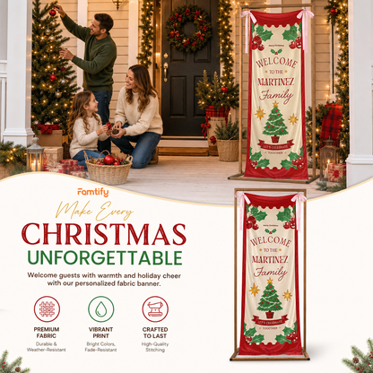 Classic Red Christmas Tree Family Fabric Welcome Banner, Personalized Family Name Entrance Hanging Sign with Ribbon Ties, Traditional Xmas Party Decor