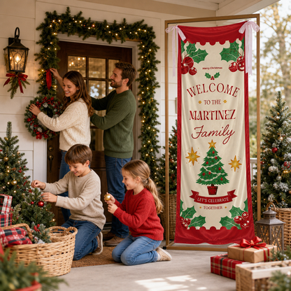 Classic Red Christmas Tree Family Fabric Welcome Banner, Personalized Family Name Entrance Hanging Sign with Ribbon Ties, Traditional Xmas Party Decor