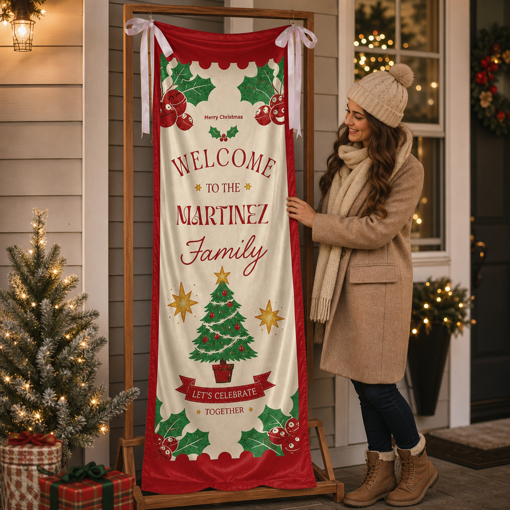 Classic Red Christmas Tree Family Fabric Welcome Banner, Personalized Family Name Entrance Hanging Sign with Ribbon Ties, Traditional Xmas Party Decor