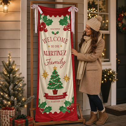 Classic Red Christmas Tree Family Fabric Welcome Banner, Personalized Family Name Entrance Hanging Sign with Ribbon Ties, Traditional Xmas Party Decor