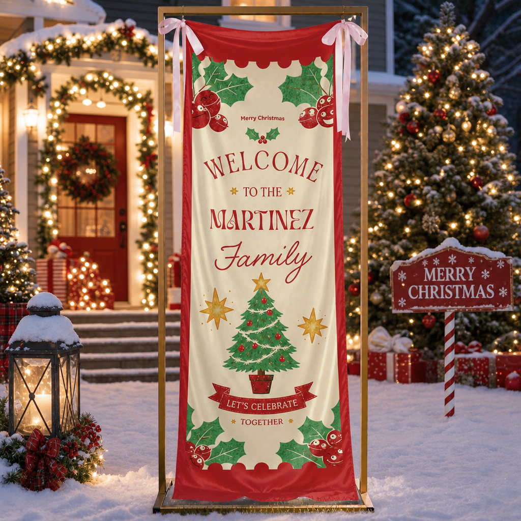 Classic Red Christmas Tree Family Fabric Welcome Banner, Personalized Family Name Entrance Hanging Sign with Ribbon Ties, Traditional Xmas Party Decor