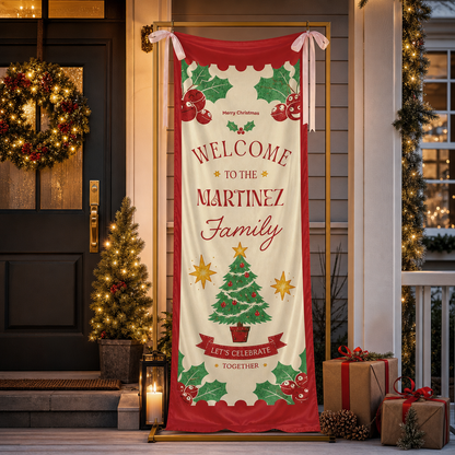 Classic Red Christmas Tree Family Fabric Welcome Banner, Personalized Family Name Entrance Hanging Sign with Ribbon Ties, Traditional Xmas Party Decor