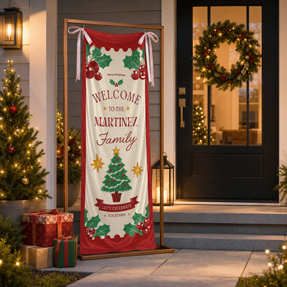 Classic Red Christmas Tree Family Fabric Welcome Banner, Personalized Family Name Entrance Hanging Sign with Ribbon Ties, Traditional Xmas Party Decor