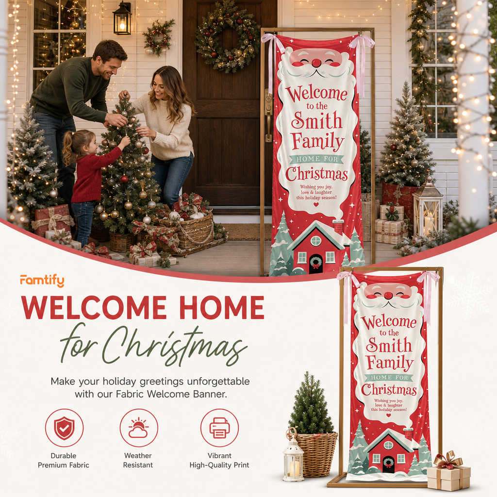Cute Santa Claus Red House Christmas Family Fabric Welcome Banner, Personalized Family Name Entrance Hanging Sign with Ribbon Ties, Festive Winter Snowy Cabin Holiday Party Decor