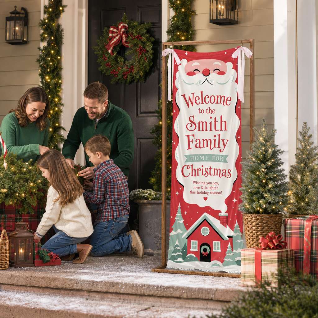 Cute Santa Claus Red House Christmas Family Fabric Welcome Banner, Personalized Family Name Entrance Hanging Sign with Ribbon Ties, Festive Winter Snowy Cabin Holiday Party Decor