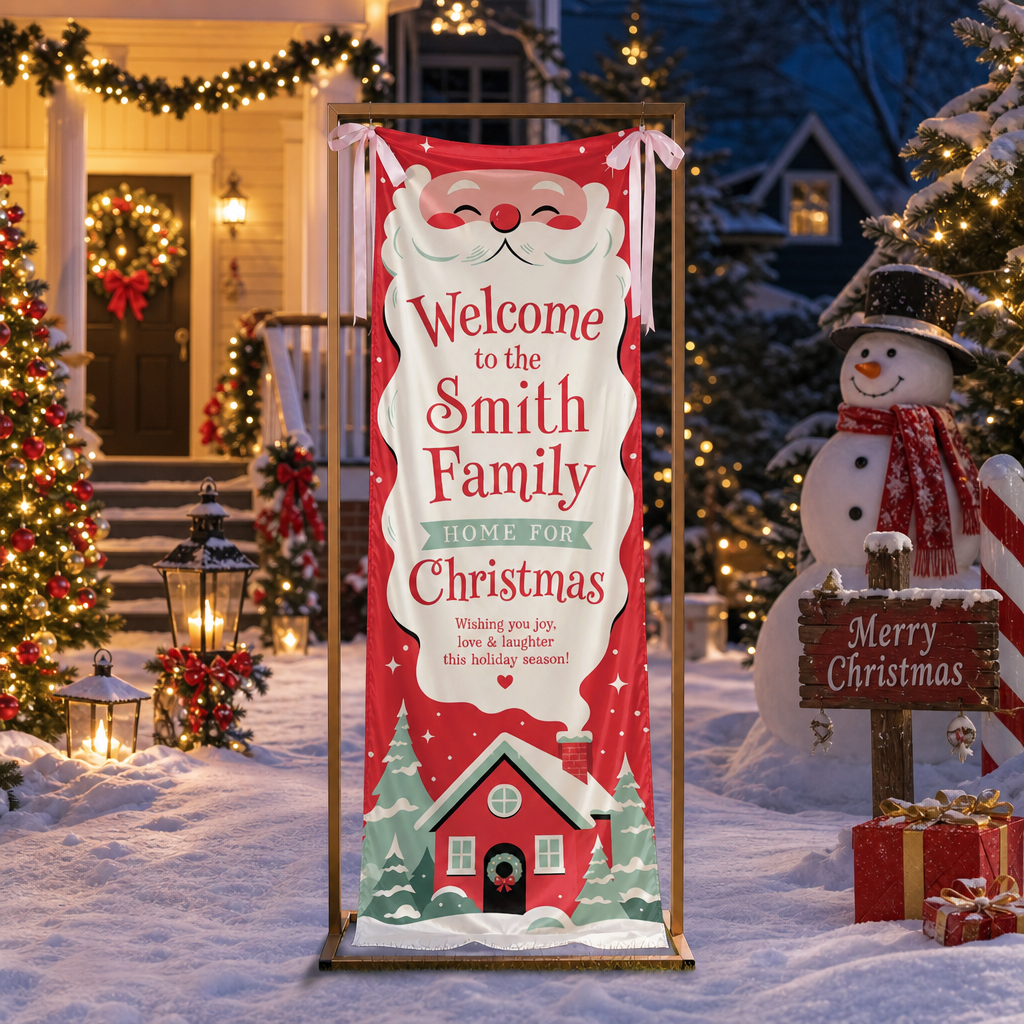 Cute Santa Claus Red House Christmas Family Fabric Welcome Banner, Personalized Family Name Entrance Hanging Sign with Ribbon Ties, Festive Winter Snowy Cabin Holiday Party Decor