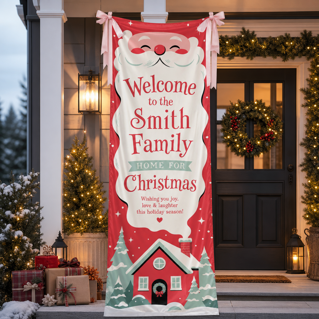 Cute Santa Claus Red House Christmas Family Fabric Welcome Banner, Personalized Family Name Entrance Hanging Sign with Ribbon Ties, Festive Winter Snowy Cabin Holiday Party Decor
