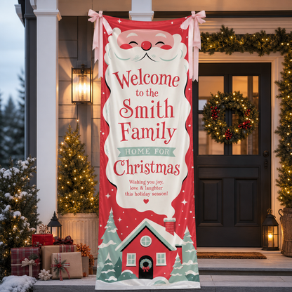 Cute Santa Claus Red House Christmas Family Fabric Welcome Banner, Personalized Family Name Entrance Hanging Sign with Ribbon Ties, Festive Winter Snowy Cabin Holiday Party Decor