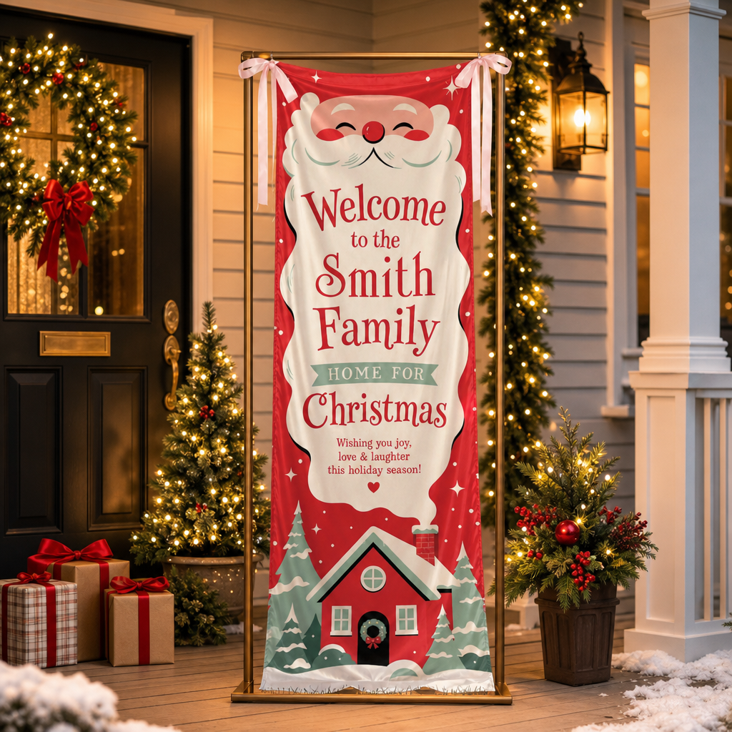 Cute Santa Claus Red House Christmas Family Fabric Welcome Banner, Personalized Family Name Entrance Hanging Sign with Ribbon Ties, Festive Winter Snowy Cabin Holiday Party Decor