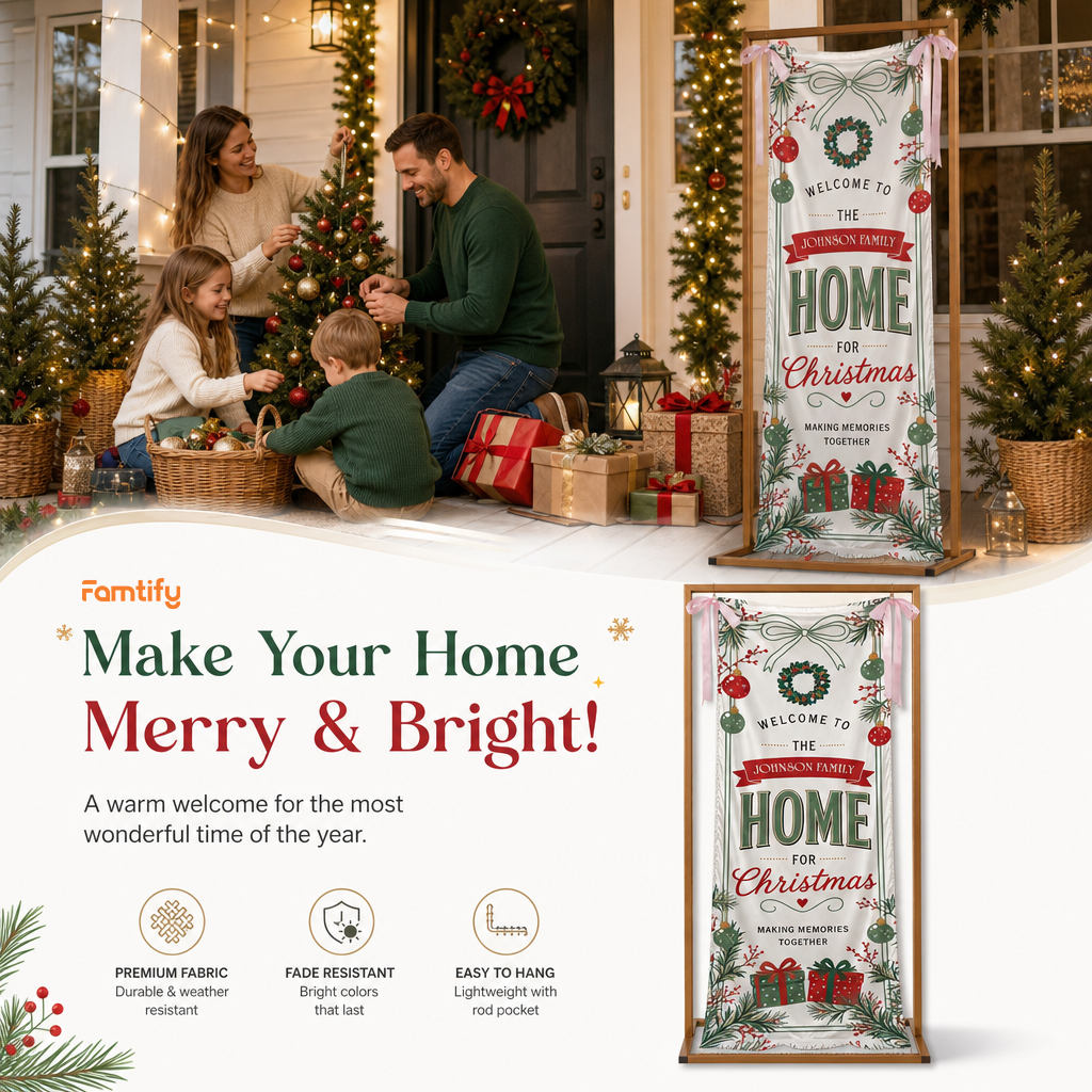 Vintage Wreath Christmas Family Fabric Welcome Banner, Personalized Family Name Home Entrance Hanging Sign with Ribbon Ties, Classic Red Green Gift Xmas Party Decor