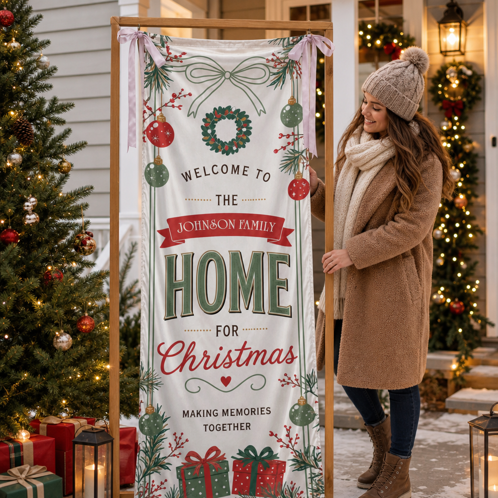 Vintage Wreath Christmas Family Fabric Welcome Banner, Personalized Family Name Home Entrance Hanging Sign with Ribbon Ties, Classic Red Green Gift Xmas Party Decor