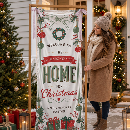 Vintage Wreath Christmas Family Fabric Welcome Banner, Personalized Family Name Home Entrance Hanging Sign with Ribbon Ties, Classic Red Green Gift Xmas Party Decor