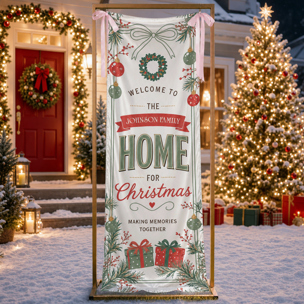 Vintage Wreath Christmas Family Fabric Welcome Banner, Personalized Family Name Home Entrance Hanging Sign with Ribbon Ties, Classic Red Green Gift Xmas Party Decor