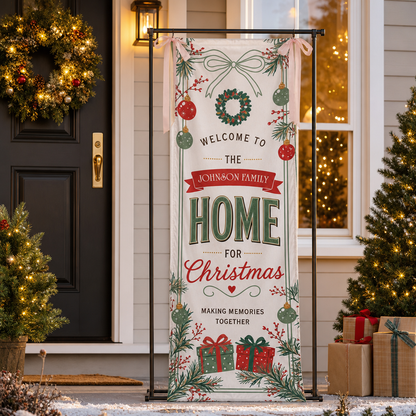 Vintage Wreath Christmas Family Fabric Welcome Banner, Personalized Family Name Home Entrance Hanging Sign with Ribbon Ties, Classic Red Green Gift Xmas Party Decor
