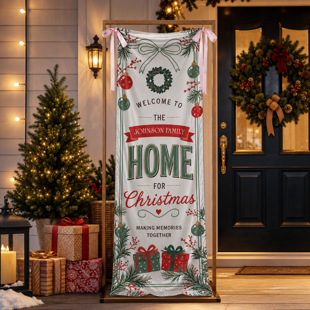 Vintage Wreath Christmas Family Fabric Welcome Banner, Personalized Family Name Home Entrance Hanging Sign with Ribbon Ties, Classic Red Green Gift Xmas Party Decor