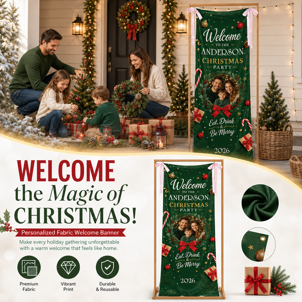 Custom Photo Emerald Green Christmas Party Family Fabric Welcome Banner, Personalized Family Name Entrance Hanging Sign with Ribbon Ties, Elegant Dark Green Xmas Backdrop Decor