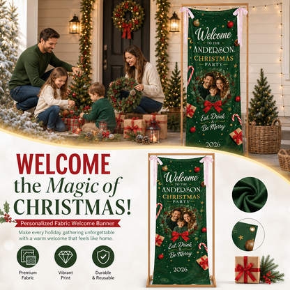 Custom Photo Emerald Green Christmas Party Family Fabric Welcome Banner, Personalized Family Name Entrance Hanging Sign with Ribbon Ties, Elegant Dark Green Xmas Backdrop Decor