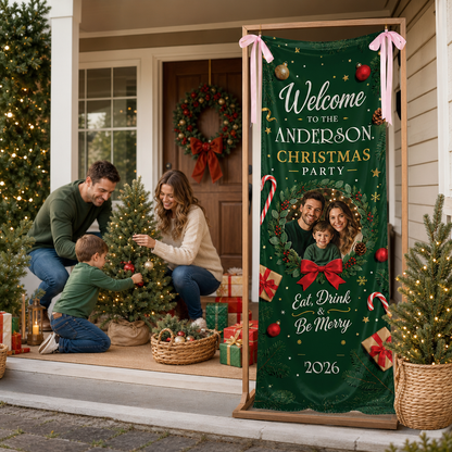 Custom Photo Emerald Green Christmas Party Family Fabric Welcome Banner, Personalized Family Name Entrance Hanging Sign with Ribbon Ties, Elegant Dark Green Xmas Backdrop Decor