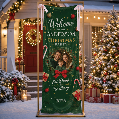 Custom Photo Emerald Green Christmas Party Family Fabric Welcome Banner, Personalized Family Name Entrance Hanging Sign with Ribbon Ties, Elegant Dark Green Xmas Backdrop Decor