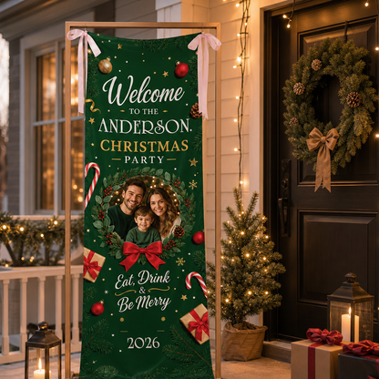Custom Photo Emerald Green Christmas Party Family Fabric Welcome Banner, Personalized Family Name Entrance Hanging Sign with Ribbon Ties, Elegant Dark Green Xmas Backdrop Decor