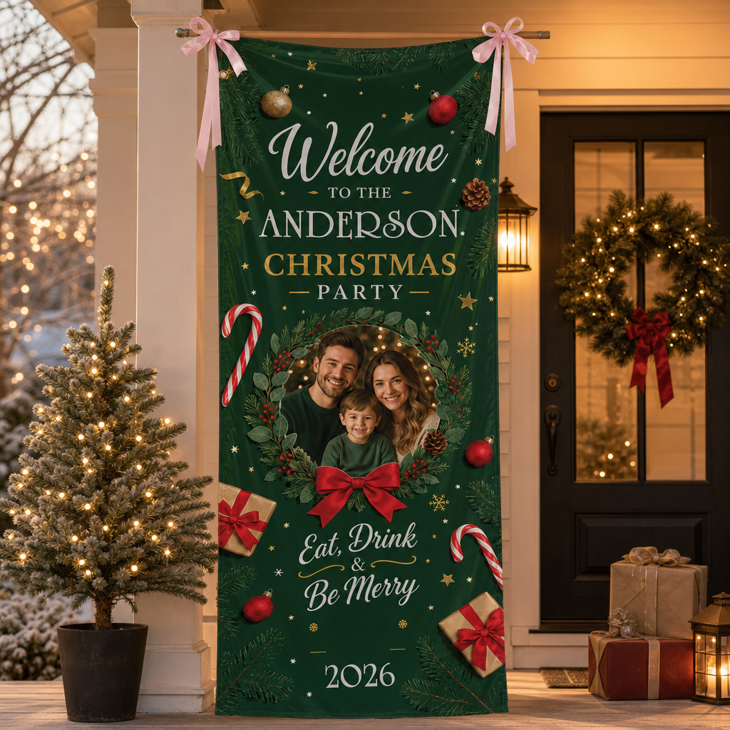 Custom Photo Emerald Green Christmas Party Family Fabric Welcome Banner, Personalized Family Name Entrance Hanging Sign with Ribbon Ties, Elegant Dark Green Xmas Backdrop Decor