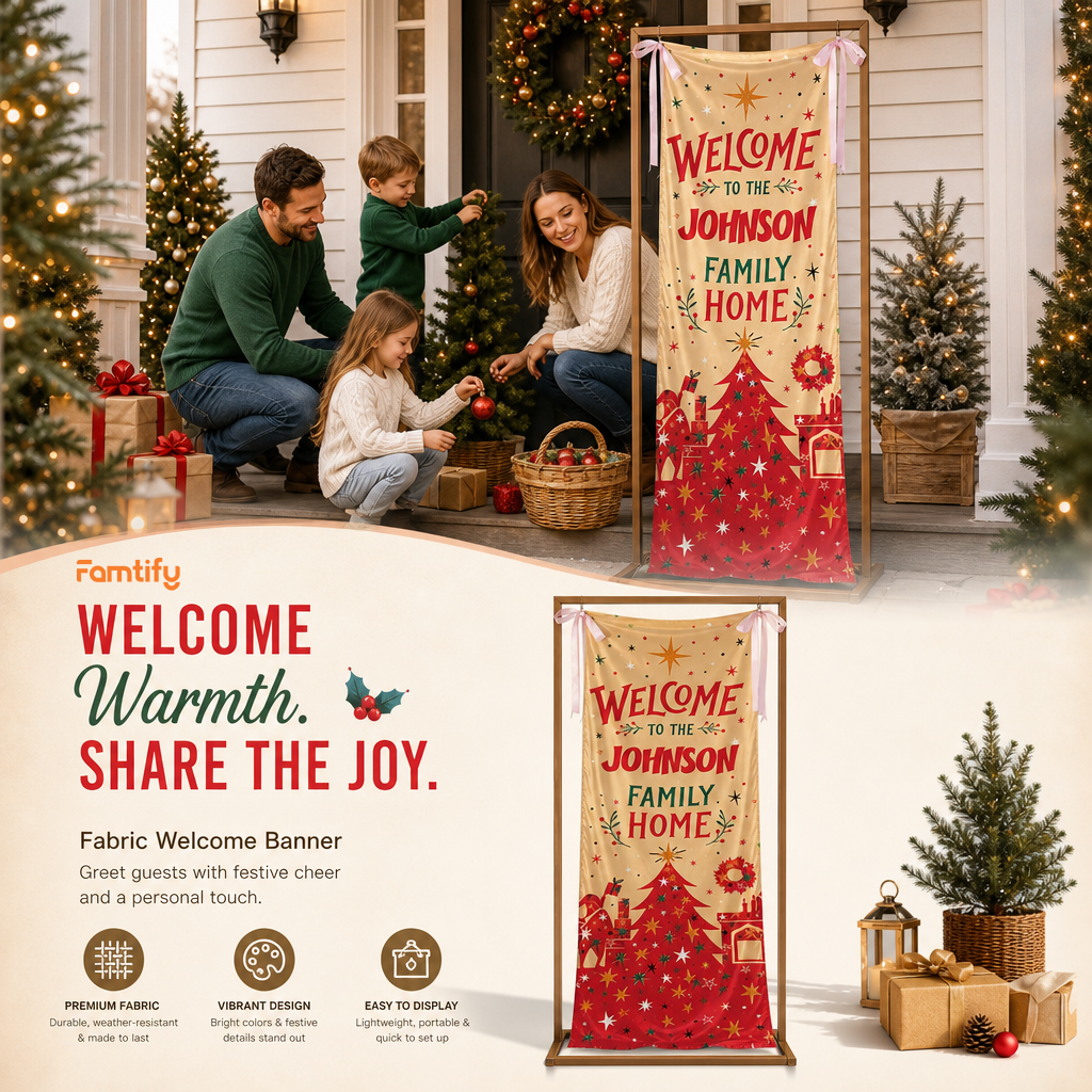 Gold Sparkle Red Christmas Tree Family Fabric Welcome Banner, Personalized Family Name Home Entrance Hanging Sign with Ribbon Ties, Mid-Century Modern Xmas Decor