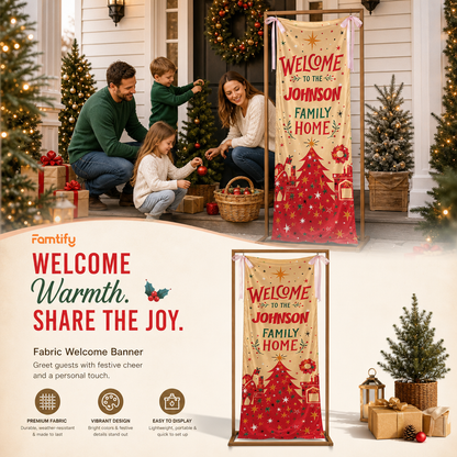 Gold Sparkle Red Christmas Tree Family Fabric Welcome Banner, Personalized Family Name Home Entrance Hanging Sign with Ribbon Ties, Mid-Century Modern Xmas Decor