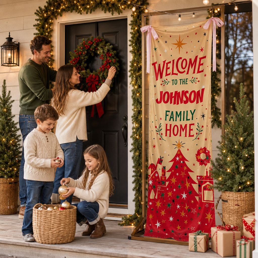 Gold Sparkle Red Christmas Tree Family Fabric Welcome Banner, Personalized Family Name Home Entrance Hanging Sign with Ribbon Ties, Mid-Century Modern Xmas Decor