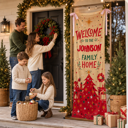 Gold Sparkle Red Christmas Tree Family Fabric Welcome Banner, Personalized Family Name Home Entrance Hanging Sign with Ribbon Ties, Mid-Century Modern Xmas Decor
