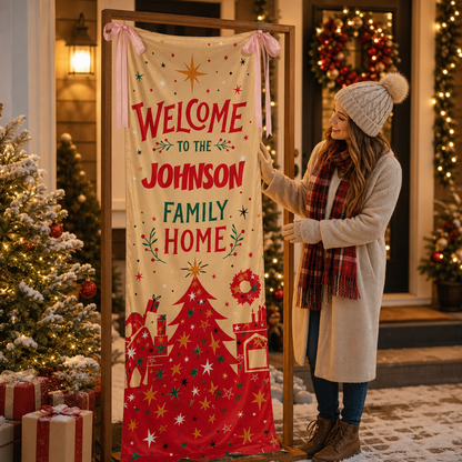 Gold Sparkle Red Christmas Tree Family Fabric Welcome Banner, Personalized Family Name Home Entrance Hanging Sign with Ribbon Ties, Mid-Century Modern Xmas Decor