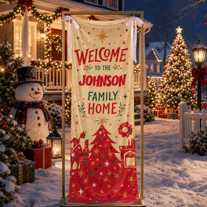 Gold Sparkle Red Christmas Tree Family Fabric Welcome Banner, Personalized Family Name Home Entrance Hanging Sign with Ribbon Ties, Mid-Century Modern Xmas Decor