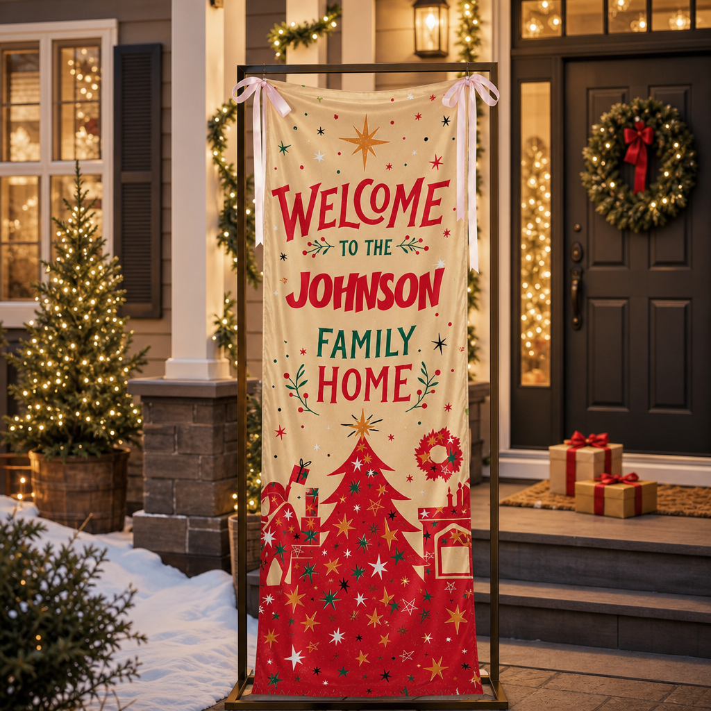 Gold Sparkle Red Christmas Tree Family Fabric Welcome Banner, Personalized Family Name Home Entrance Hanging Sign with Ribbon Ties, Mid-Century Modern Xmas Decor