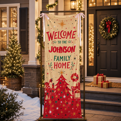 Gold Sparkle Red Christmas Tree Family Fabric Welcome Banner, Personalized Family Name Home Entrance Hanging Sign with Ribbon Ties, Mid-Century Modern Xmas Decor