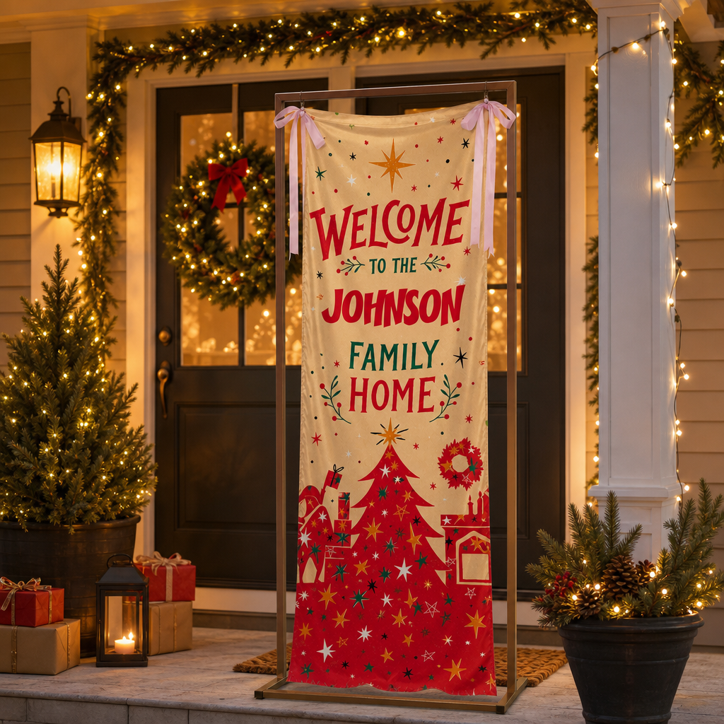 Gold Sparkle Red Christmas Tree Family Fabric Welcome Banner, Personalized Family Name Home Entrance Hanging Sign with Ribbon Ties, Mid-Century Modern Xmas Decor