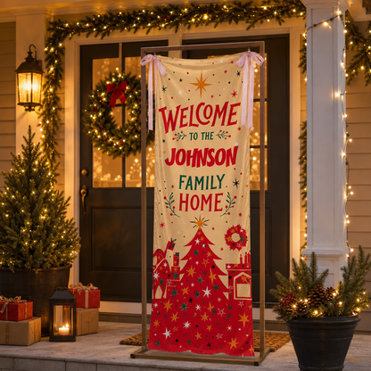 Gold Sparkle Red Christmas Tree Family Fabric Welcome Banner, Personalized Family Name Home Entrance Hanging Sign with Ribbon Ties, Mid-Century Modern Xmas Decor