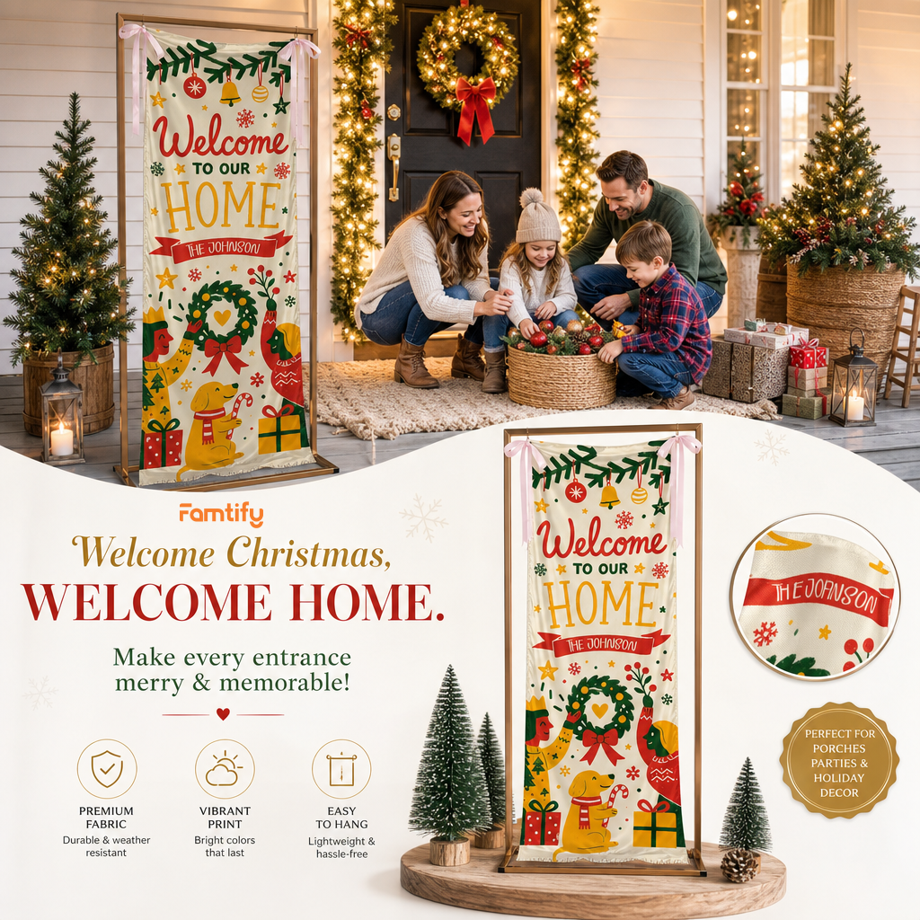 Festive Mid-Century Family Dog Christmas Fabric Welcome Banner, Personalized Family Name Home Entrance Hanging Sign with Ribbon Ties, Cute Dog & Wreath Xmas Party Decor