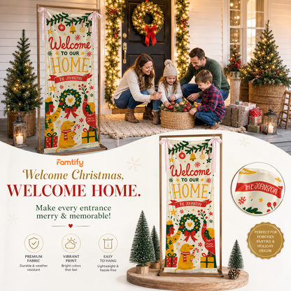 Festive Mid-Century Family Dog Christmas Fabric Welcome Banner, Personalized Family Name Home Entrance Hanging Sign with Ribbon Ties, Cute Dog & Wreath Xmas Party Decor