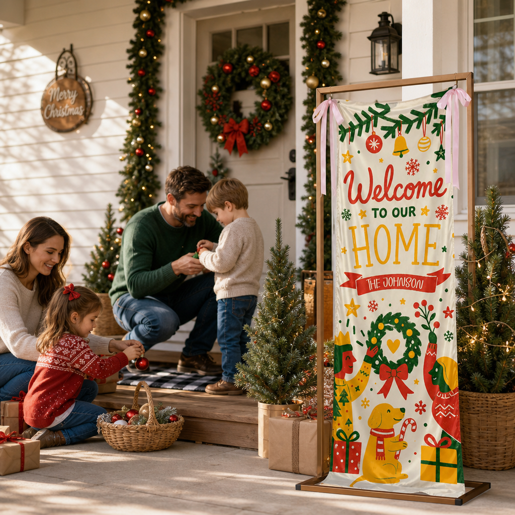 Festive Mid-Century Family Dog Christmas Fabric Welcome Banner, Personalized Family Name Home Entrance Hanging Sign with Ribbon Ties, Cute Dog & Wreath Xmas Party Decor
