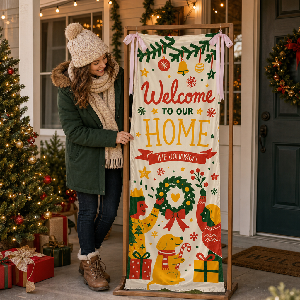 Festive Mid-Century Family Dog Christmas Fabric Welcome Banner, Personalized Family Name Home Entrance Hanging Sign with Ribbon Ties, Cute Dog & Wreath Xmas Party Decor