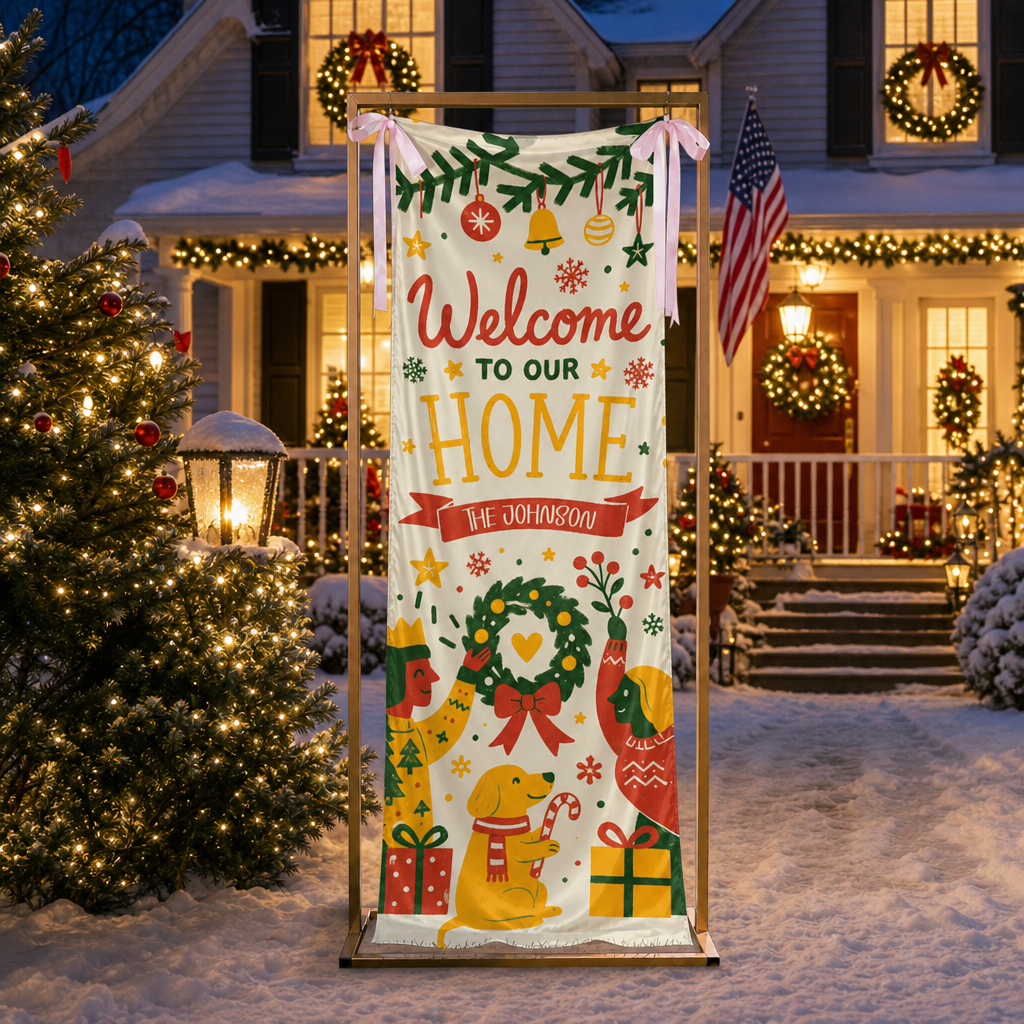 Festive Mid-Century Family Dog Christmas Fabric Welcome Banner, Personalized Family Name Home Entrance Hanging Sign with Ribbon Ties, Cute Dog & Wreath Xmas Party Decor