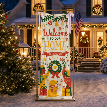 Festive Mid-Century Family Dog Christmas Fabric Welcome Banner, Personalized Family Name Home Entrance Hanging Sign with Ribbon Ties, Cute Dog & Wreath Xmas Party Decor