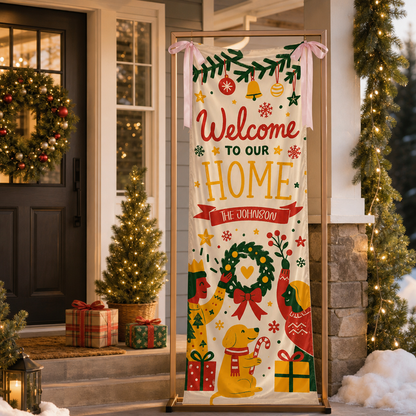 Festive Mid-Century Family Dog Christmas Fabric Welcome Banner, Personalized Family Name Home Entrance Hanging Sign with Ribbon Ties, Cute Dog & Wreath Xmas Party Decor