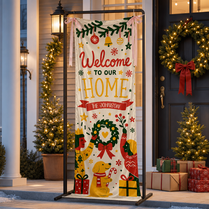 Festive Mid-Century Family Dog Christmas Fabric Welcome Banner, Personalized Family Name Home Entrance Hanging Sign with Ribbon Ties, Cute Dog & Wreath Xmas Party Decor