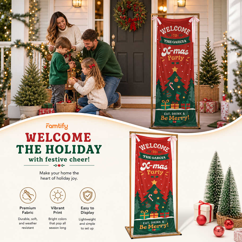 Retro Groovy Red Christmas Tree Family Fabric Welcome Banner, Personalized Family Name Xmas Party Entrance Hanging Sign with Ribbon Ties, Classic Festive Holiday Decor